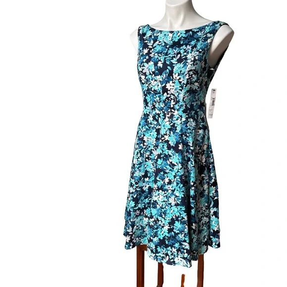 NWT, Maggy London Fit and Flare Sleeveless Summer Dress, Navy and Aqua, Sz 8 - Picture 5 of 16
